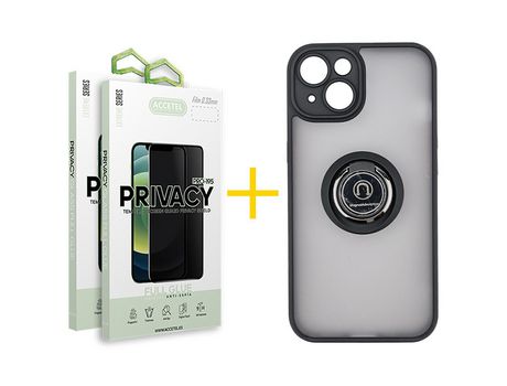 Juego 2 X Película de Vidrio Templado Antiespia y Funda ACCETEL por Apple iPhone 14 Gel Bumper con Anillo Negro