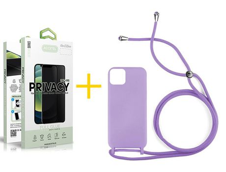 Juego 1 X Película de Vidrio Templado Antiespia + Funda Accetel por Apple iPhone 14 Plus Gel con Cordón Lila