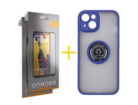 Juego 2 X Película de Vidrio Templado Full y Funda SKYHE por Apple iPhone 14 Gel Bumper con Anillo Azul