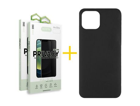 Juego 2 X Película de Vidrio Templado Antiespia y Funda ACCETEL por Apple iPhone 14 Silicona Líquida Negro