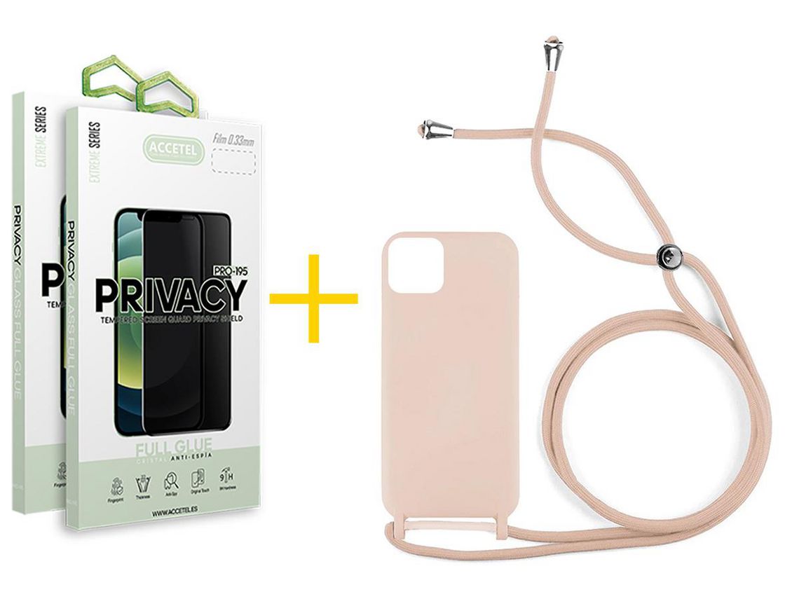 Juego 2 X Película de Vidrio Templado Antiespia + Funda Accetel por Apple iPhone 14 Plus Gel con Cordón Rosa Pastel