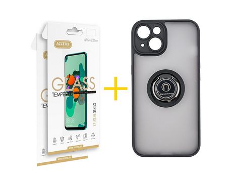Juego 2 X Película de Vidrio Templado 2.5D y Funda ACCETEL por Apple iPhone 14 Gel Bumper con Anillo Negro