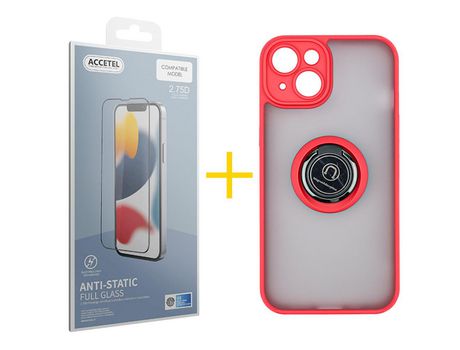 Juego 1 X Película de Vidrio Templado Antiestático y Funda ACCETEL por Apple iPhone 14 Gel Bumper con Anillo Rojo