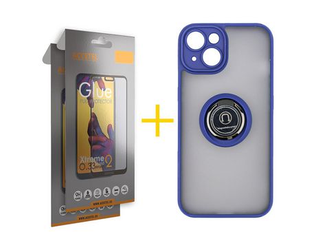 Juego 2 X Película de Vidrio Templado Full y Funda ACCETEL por Apple iPhone 14 Gel Bumper con Anillo Azul