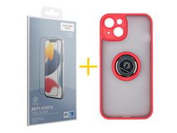 Juego 1 X Película de Vidrio Templado Antiestático y Funda SKYHE por Apple iPhone 14 Gel Bumper con Anillo Rojo