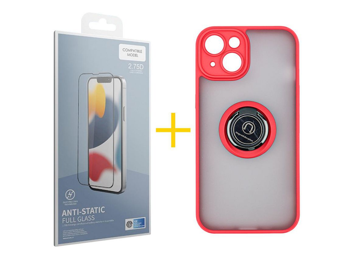 Juego 1 X Película de Vidrio Templado Antiestático y Funda SKYHE por Apple iPhone 14 Gel Bumper con Anillo Rojo
