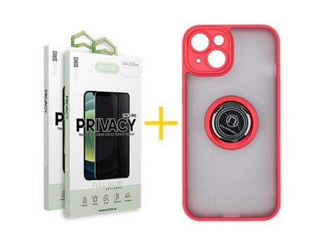 Juego 2 X Película de Vidrio Templado Antiespia y Funda ACCETEL por Apple iPhone 14 Gel Bumper con Anillo Rojo