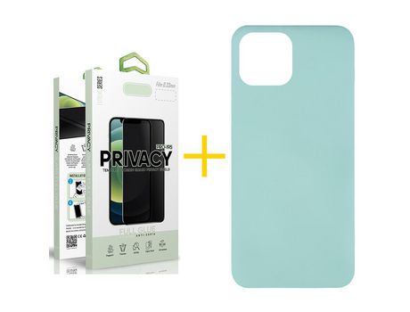 Juego 1 X Película de Vidrio Templado Antiespia y Funda SKYHE por Apple iPhone 14 Silicona Líquida Verde-Água