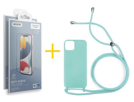 Juego 2 X Película de Vidrio Templado Antiestático y Funda ACCETEL por Apple iPhone 14 Gel con Cordón Agua Verde