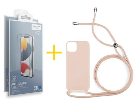 Juego 2 X Película de Vidrio Templado Antiestático y Funda SKYHE por Apple iPhone 14 Gel con Cordón Rosa Pastel