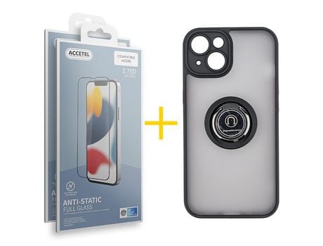 Juego 2 X Película de Vidrio Templado Antiestático + Funda Accetel por Apple iPhone 14 Plus Gel Bumper con Anillo Negro