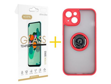 Juego 1 X Película de Vidrio Templado 2.5D y Funda ACCETEL por Apple iPhone 14 Gel Bumper con Anillo Rojo