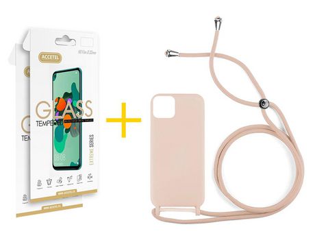 Juego 2 X Película de Vidrio Templado 2.5D y Funda ACCETEL por Apple iPhone 14 Gel con Cordón Rosa Pastel
