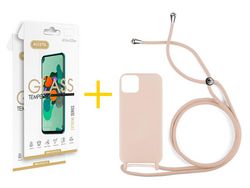 Juego 2 X Película de Vidrio Templado 2.5D y Funda ACCETEL por Apple iPhone 14 Gel con Cordón Rosa Pastel