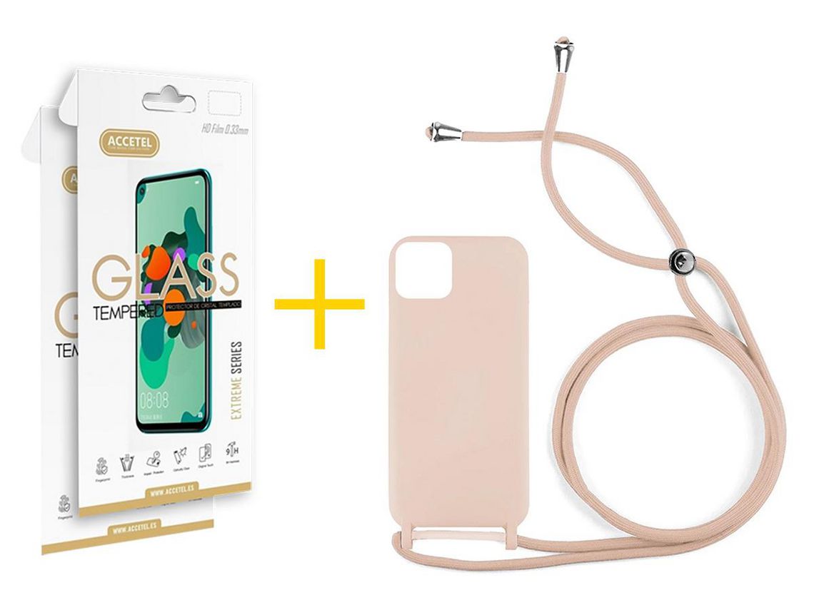 Juego 2 X Película de Vidrio Templado 2.5D y Funda ACCETEL por Apple iPhone 14 Gel con Cordón Rosa Pastel