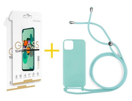 Pack 2 X Película de Vidrio Templado 2.5D + Funda GANDY por Apple iPhone 15 Gel con Cordón Agua Verde