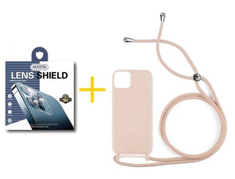 Juego 1 X Película de Cámara trasera y Funda ACCETEL por Apple iPhone 14 Gel con Cordón Rosa Pastel