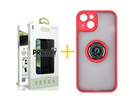 Juego 1 X Película de Vidrio Templado Antiespia y Funda SKYHE por Apple iPhone 14 Gel Bumper con Anillo Rojo