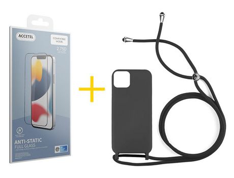 Juego 1 X Película de Vidrio Templado Antiestático + Funda Accetel por Apple iPhone 14 Plus Gel con Cordón Negro