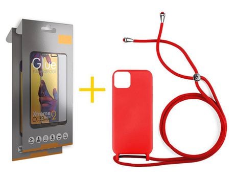 Pack 2 X Película de Vidrio Templado Full + Funda SKYHE por Apple iPhone 15 Pro Gel con Cordón Rojo