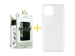 Juego 1 X Película de Vidrio Templado Antiespia + Funda Accetel por Apple iPhone 14 Plus Silicona Líquida Incoloro Clear