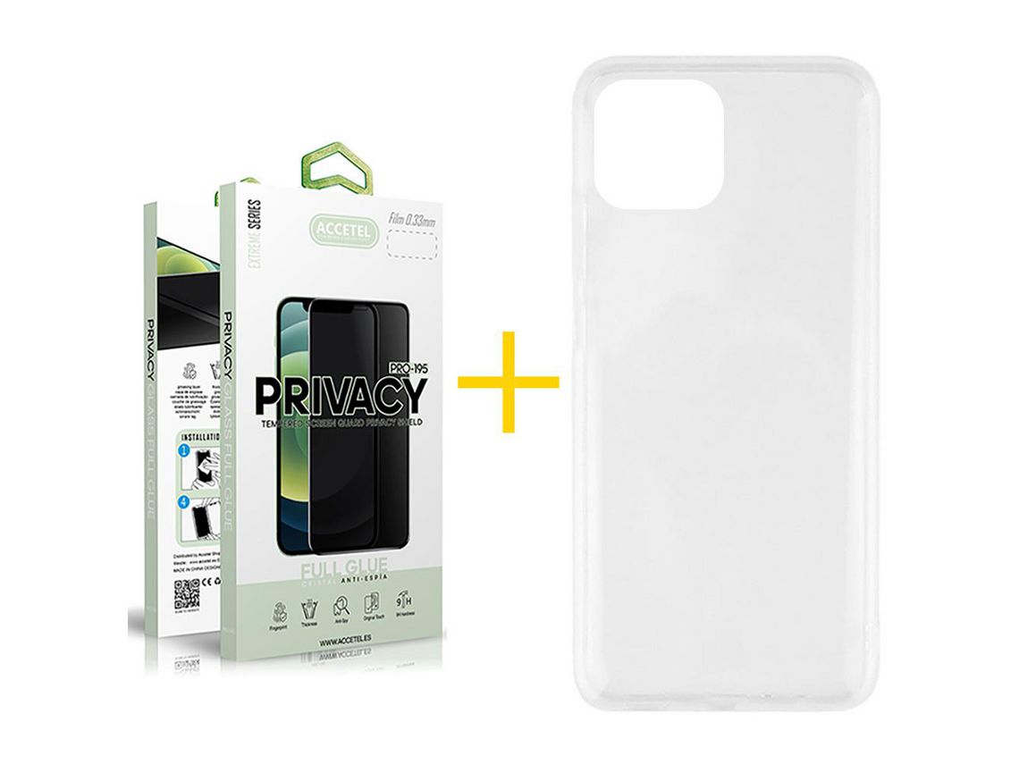 Juego 1 X Película de Vidrio Templado Antiespia + Funda Accetel por Apple iPhone 14 Plus Silicona Líquida Incoloro Clear