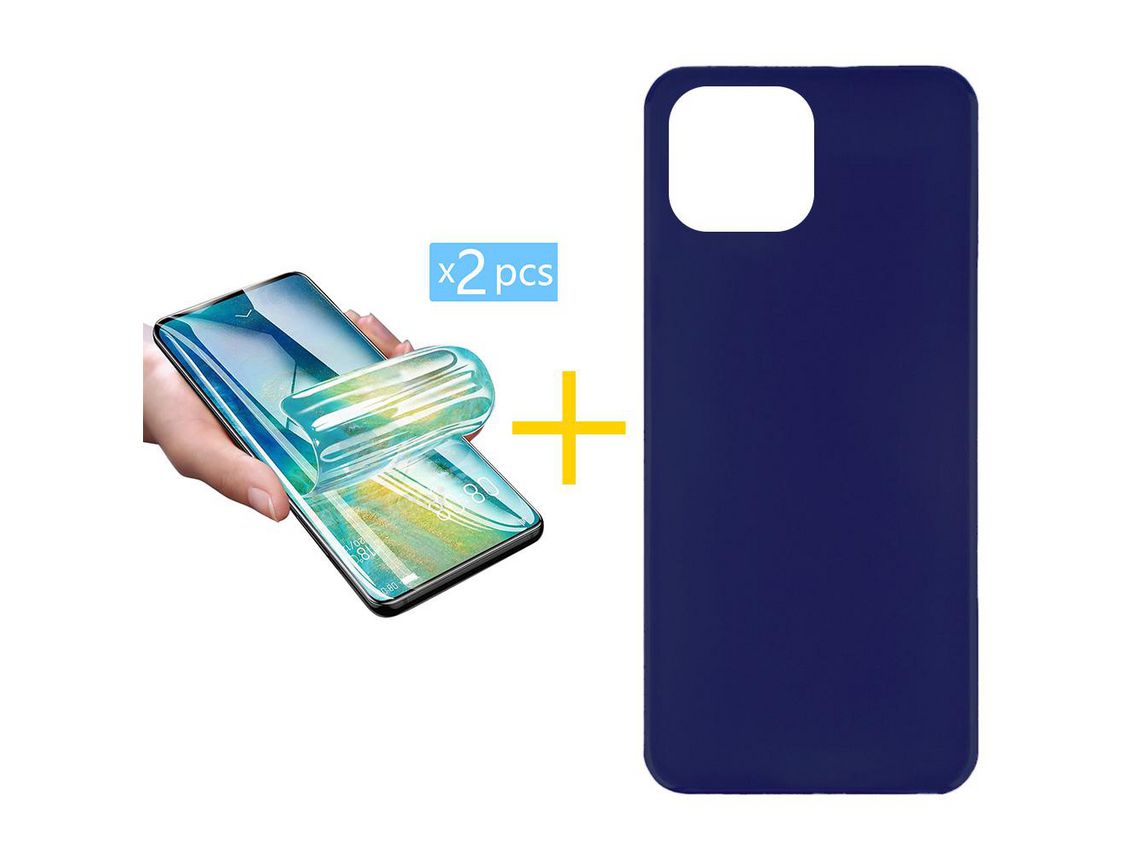 Juego 2 X Película de Vidrio Templado Hidrogel + Funda skyhe por Apple iPhone 14 Plus Silicona Liso Azul Oscuro