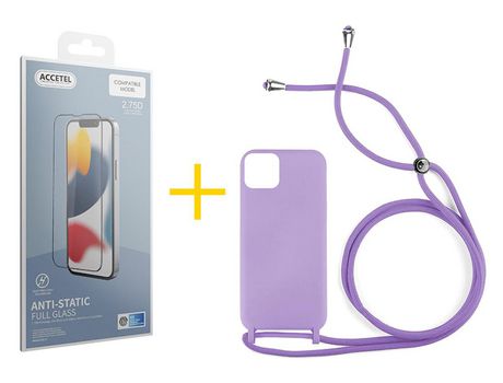Juego 1 X Película de Vidrio Templado Antiestático y Funda ACCETEL por Apple iPhone 14 Gel con Cordón Lila