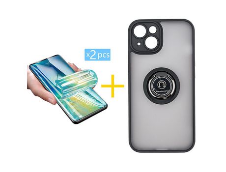 Juego 2 X Película de Vidrio Templado Hidrogel y Funda SKYHE por Apple iPhone 14 Gel Bumper con Anillo Negro