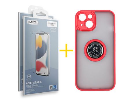 Juego 2 X Película de Vidrio Templado Antiestático y Funda ACCETEL por Apple iPhone 14 Gel Bumper con Anillo Rojo