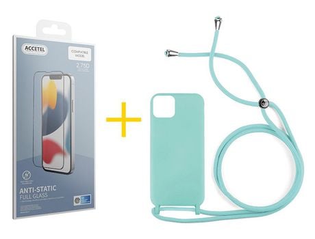 Juego 1 X Película de Vidrio Templado Antiestático y Funda ACCETEL por Apple iPhone 14 Gel con Cordón Agua Verde