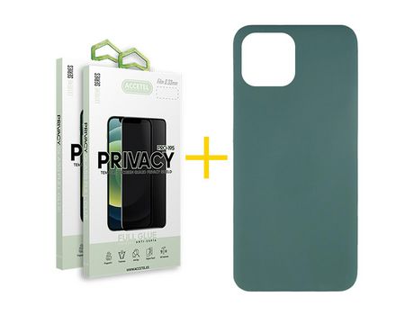 Juego 2 X Película de Vidrio Templado Antiespia + Funda Accetel por Apple iPhone 14 Plus Silicona Líquida Verde
