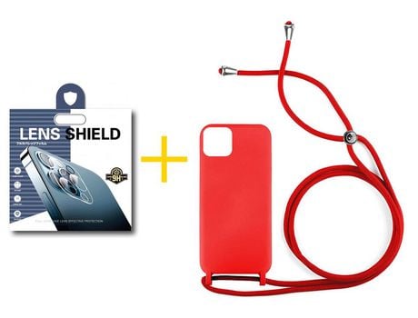 Pack 1 X Película de Cámara trasera + Funda GANDY por Apple iPhone 15 Pro Max Gel con Cordón Rojo