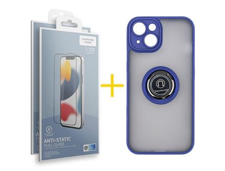 Juego 2 X Película de Vidrio Templado Antiestático y Funda SKYHE por Apple iPhone 14 Gel Bumper con Anillo Azul