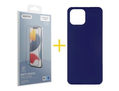 Juego 1 X Película de Vidrio Templado Antiestático y Funda ACCETEL por Apple iPhone 14 Silicona Liso Azul Oscuro