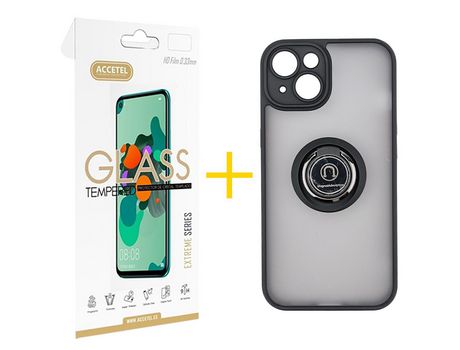 Juego 1 X Película de Vidrio Templado 2.5D y Funda ACCETEL por Apple iPhone 14 Gel Bumper con Anillo Negro