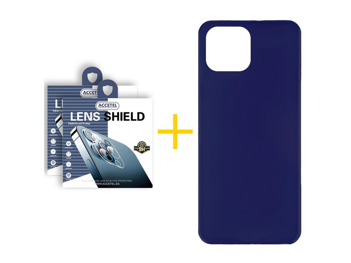 Juego 2 X Película de Cámara trasera y Funda ACCETEL por Apple iPhone 14 Silicona Liso Azul Oscuro