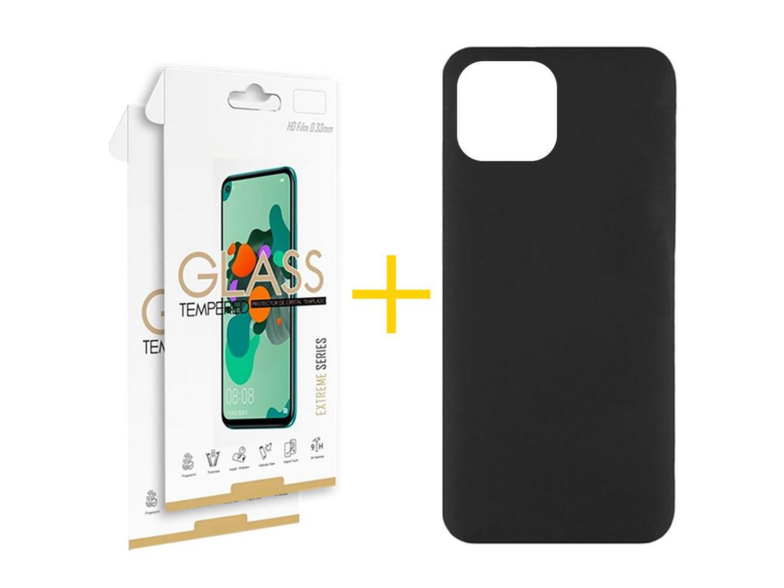 Juego 2 X Película de Vidrio Templado 2.5D y Funda SKYHE por Apple iPhone 14 Silicona Líquida Negro