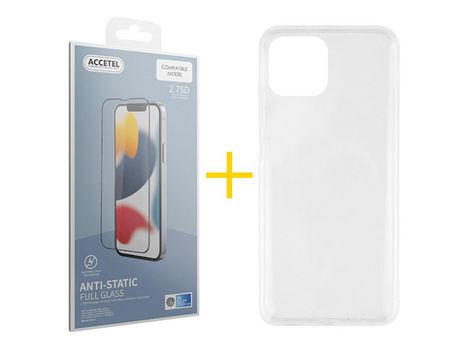 Juego 1 X Película de Vidrio Templado Antiestático y Funda ACCETEL por Apple iPhone 14 Silicona Líquida Incoloro Clear