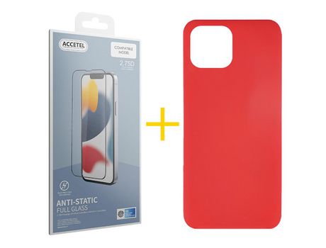 Juego 1 X Película de Vidrio Templado Antiestático + Funda Accetel por Apple iPhone 14 Plus Silicona Líquida Rojo