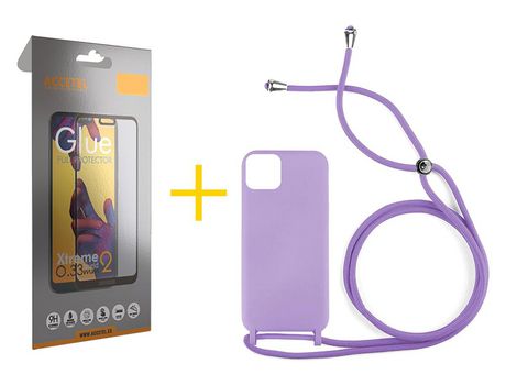 Juego 1 X Película de Vidrio Templado Full + Funda Accetel por Apple iPhone 14 Plus Gel con Cordón Lila