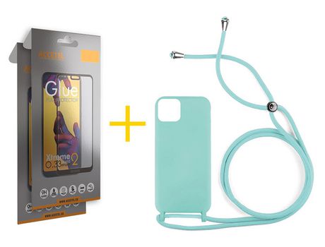 Juego 2 X Película de Vidrio Templado Full y Funda ACCETEL por Apple iPhone 14 Gel con Cordón Agua Verde
