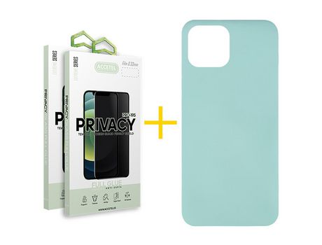 Juego 2 X Película de Vidrio Templado Antiespia y Funda ACCETEL por Apple iPhone 14 Silicona Líquida Verde-Água
