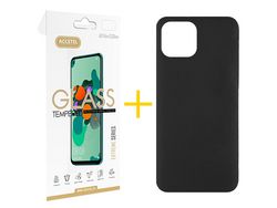 Juego 1 X Película de Vidrio Templado 2.5D y Funda ACCETEL por Apple iPhone 14 Silicona Líquida Negro