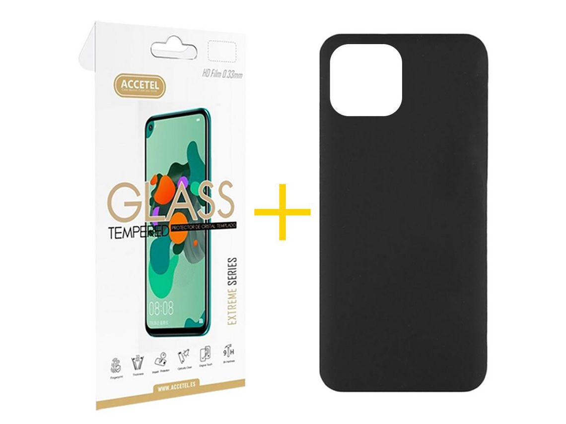 Juego 1 X Película de Vidrio Templado 2.5D y Funda ACCETEL por Apple iPhone 14 Silicona Líquida Negro