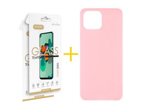 Juego 2 X Película de Vidrio Templado 2.5D y Funda ACCETEL por Apple iPhone 14 Silicona Liso Rosa Pastel