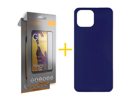 Juego 2 X Película de Vidrio Templado Full y Funda ACCETEL por Apple iPhone 14 Silicona Liso Azul Oscuro