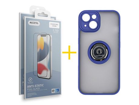 Juego 2 X Película de Vidrio Templado Antiestático y Funda ACCETEL por Apple iPhone 14 Gel Bumper con Anillo Azul