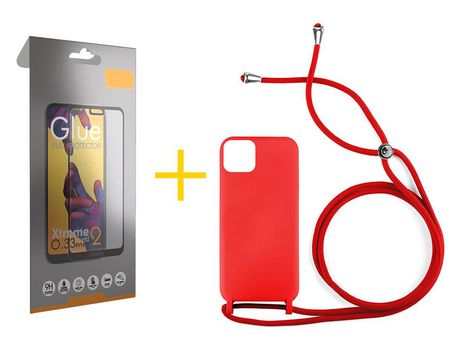 Pack 1 X Película de Vidrio Templado Full + Funda SKYHE por Apple iPhone 15 Pro Gel con Cordón Rojo