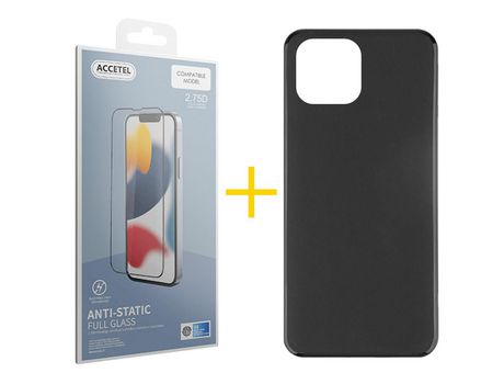 Juego 1 X Película de Vidrio Templado Antiestático + Funda Accetel por Apple iPhone 14 Plus Silicona Liso Negro